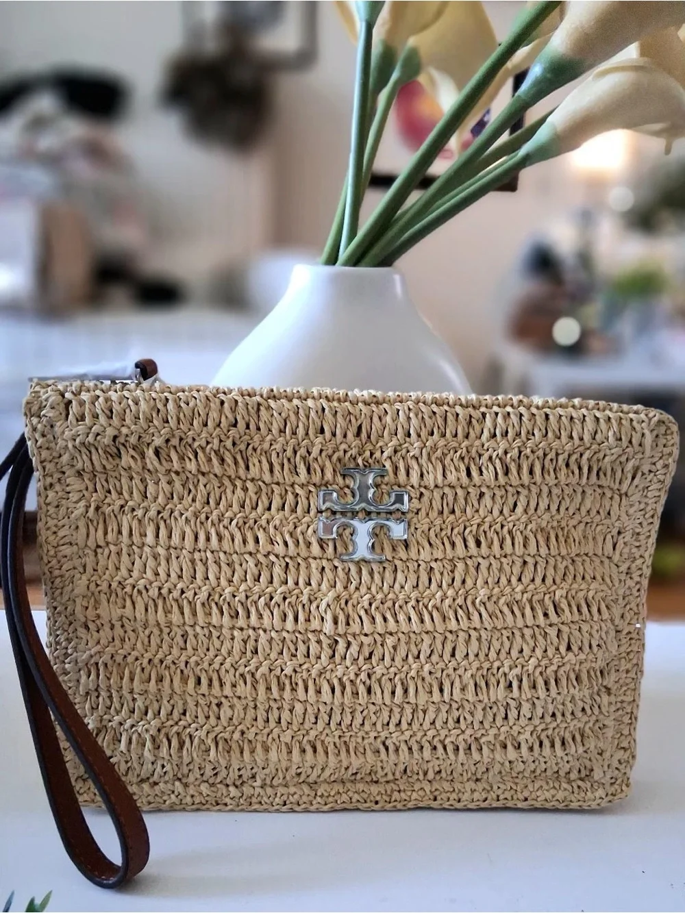TORY BURCH RAFFIA WRISTLET CLUTCH BAG NWT